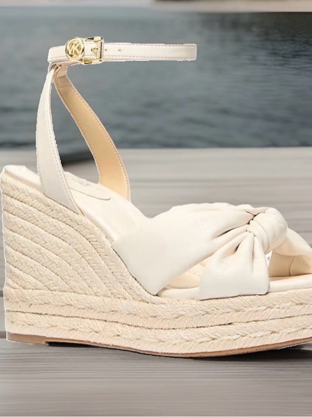 Michael Kors Cream Knot Elena Wedge Sandal with Ankle Strap Size 8 New In Box
